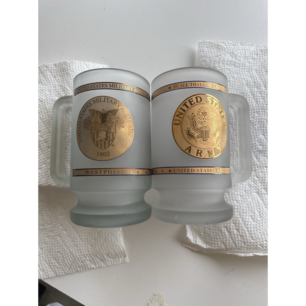 Vintage Frosted Glass US Army & West Point Beer Mug Stein Lot Gold Trim